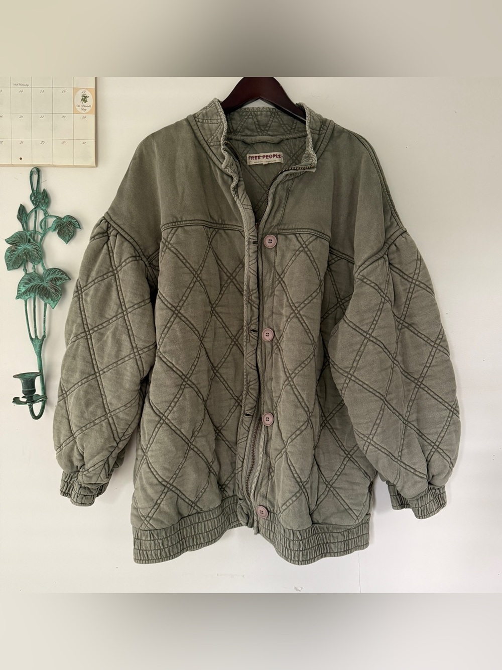 Free People Juno Quilted Jacket XL Laurel Oak Olive Oversized Cotton boho